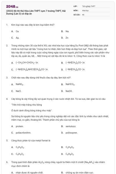 (2023) Đề thi thử Hóa Liên THPT cụm 7 trường THPT, Hải Dương (Lần 3) có đáp án