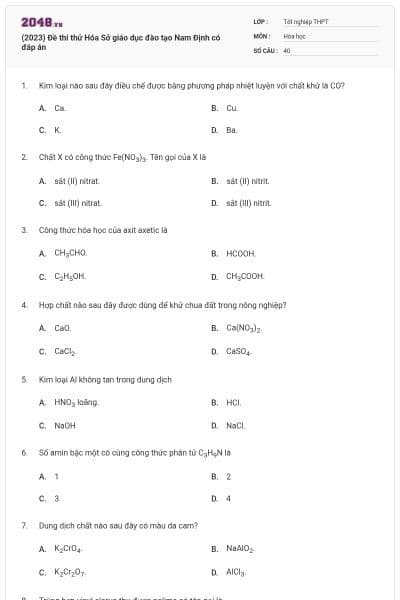 (2023) Đề thi thử Hóa Sở giáo dục đào tạo Nam Định có đáp án