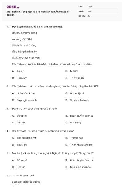 Trắc nghiệm Tổng hợp đề đọc hiểu văn bản Ánh trăng có đáp án