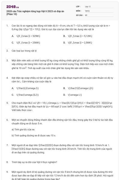 2020 câu Trắc nghiệm tổng hợp Vật lí 2023 có đáp án (Phần 10)