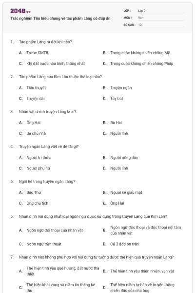 Trắc nghiệm Tìm hiểu chung về tác phẩm Làng có đáp án