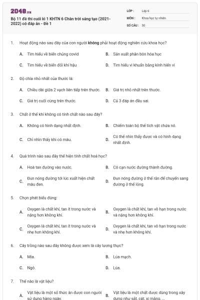 Bộ 11 đề thi cuối kì 1 KHTN 6 Chân trời sáng tạo (2021-2022) có đáp án - Đề 1