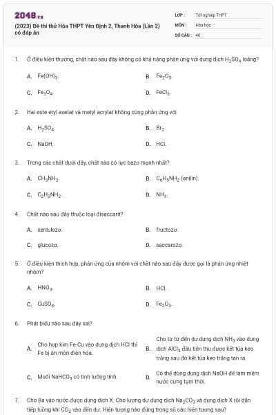 (2023) Đề thi thử Hóa THPT Yên Định 2, Thanh Hóa (Lần 2) có đáp án