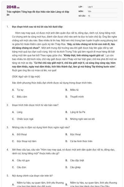 Trắc nghiệm Tổng hợp đề đọc hiểu văn bản Làng có đáp án