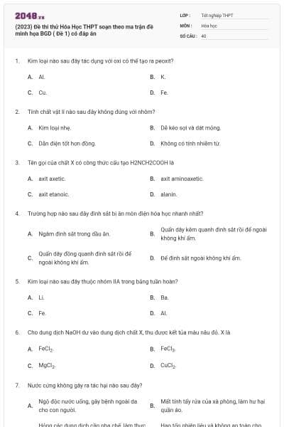 (2023) Đề thi thử Hóa Học THPT soạn theo ma trận đề minh họa BGD ( Đề 1) có đáp án
