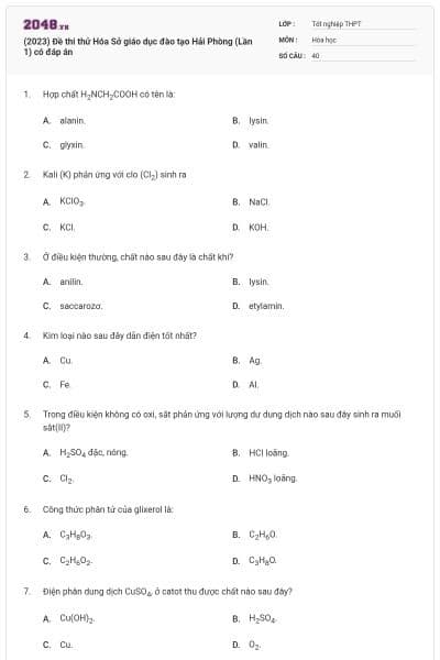 (2023) Đề thi thử Hóa Sở giáo dục đào tạo Hải Phòng (Lần 1) có đáp án