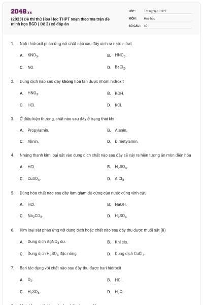 (2023) Đề thi thử Hóa Học THPT soạn theo ma trận đề minh họa BGD ( Đề 2) có đáp án