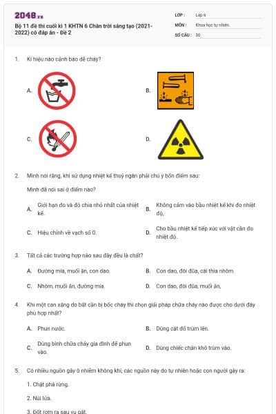 Bộ 11 đề thi cuối kì 1 KHTN 6 Chân trời sáng tạo (2021-2022) có đáp án - Đề 2