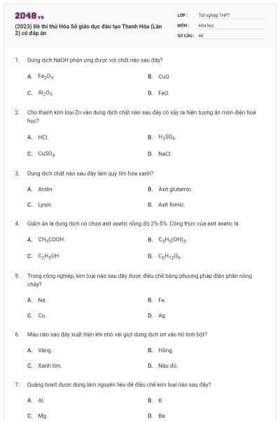 (2023) Đề thi thử Hóa Sở giáo dục đào tạo Thanh Hóa (Lần 2) có đáp án