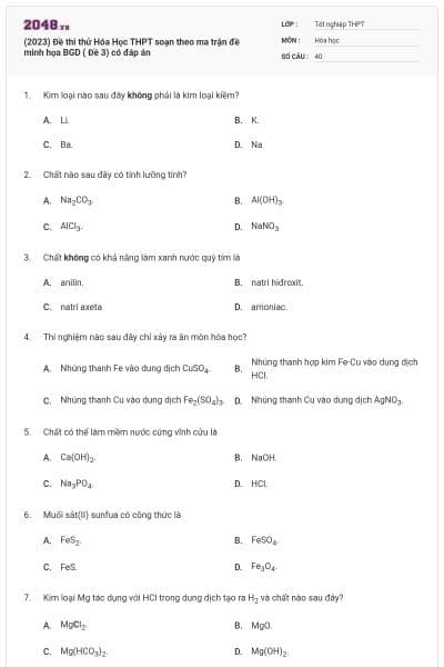 (2023) Đề thi thử Hóa Học THPT soạn theo ma trận đề minh họa BGD ( Đề 3) có đáp án