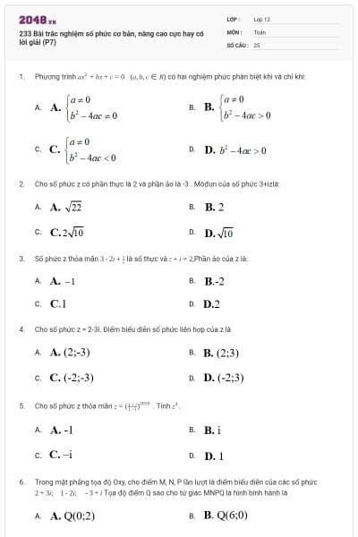 233 Bài trắc nghiệm số phức cơ bản, nâng cao cực hay có lời giải (P7)