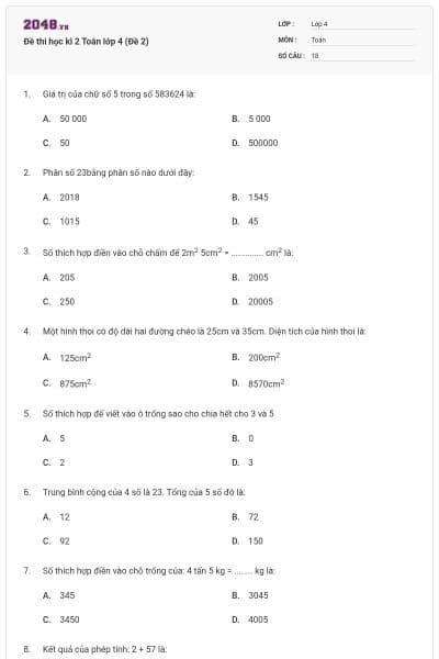 Đề thi học kì 2 Toán lớp 4 (Đề 2)
