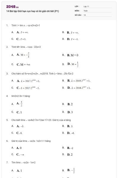 14 Bài tập Giới hạn cực hay có lời giải chi tiết (P1)