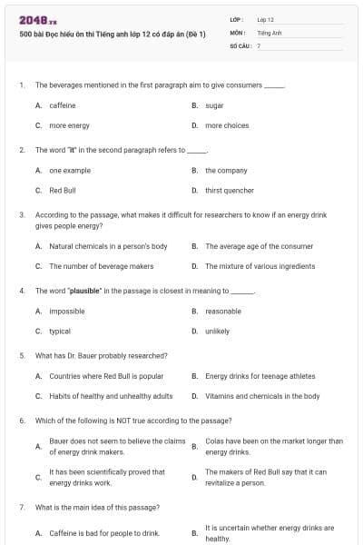 500 bài Đọc hiểu ôn thi Tiếng anh lớp 12 có đáp án (Đề 1)