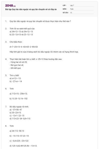 Bài tập Quy tắc dấu ngoặc và quy tắc chuyển vế có đáp án