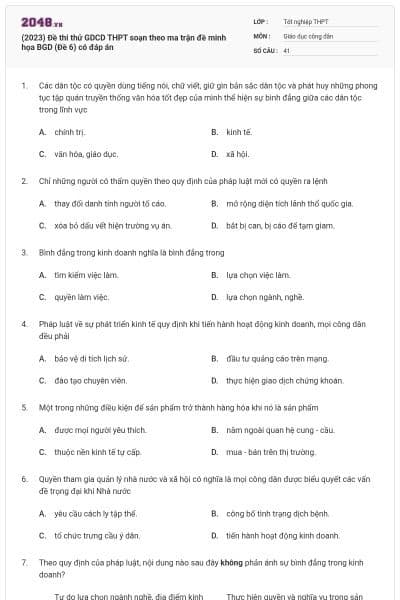 (2023) Đề thi thử GDCD THPT soạn theo ma trận đề minh họa BGD (Đề 6) có đáp án