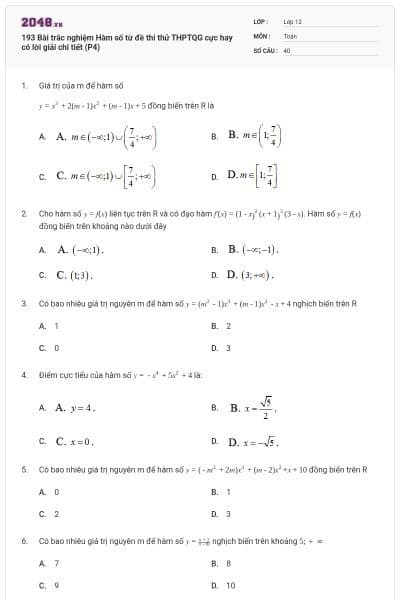 193 Bài trắc nghiệm Hàm số từ đề thi thử THPTQG cực hay có lời giải chi tiết (P4)