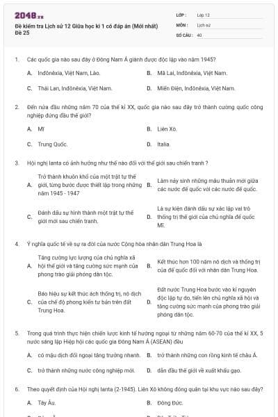 Đề kiểm tra Lịch sử 12 Giữa học kì 1 có đáp án (Mới nhất) Đề 25