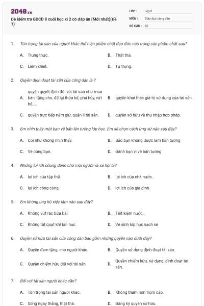 Đề kiểm tra GDCD 8 cuối học kì 2 có đáp án (Mới nhất)(Đề 1)