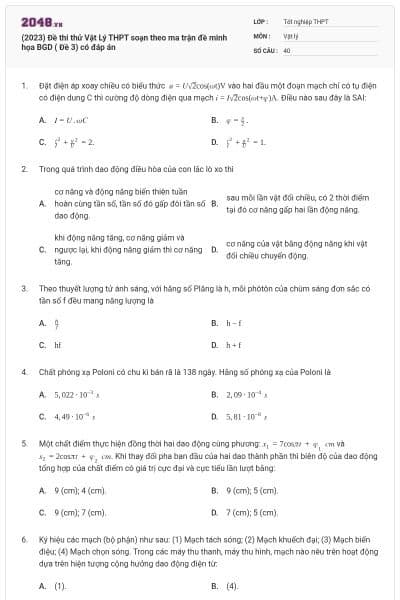 (2023) Đề thi thử Vật Lý THPT soạn theo ma trận đề minh họa BGD ( Đề 3) có đáp án