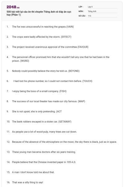 500 bài viết lại câu ôn thi chuyên Tiếng Anh có đáp án cực hay (Phần 1)