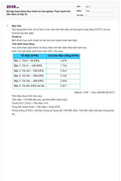 Bài tập Hoạt động thực hành và trải nghiệm Thực hành tính tiền điện có đáp án