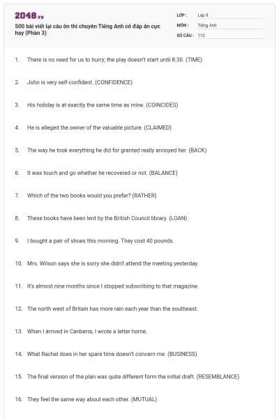 500 bài viết lại câu ôn thi chuyên Tiếng Anh có đáp án cực hay (Phần 3)