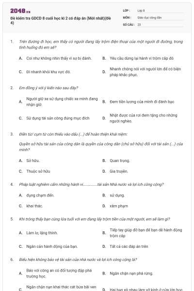 Đề kiểm tra GDCD 8 cuối học kì 2 có đáp án (Mới nhất)(Đề 4)