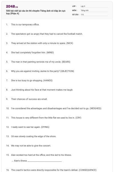 500 bài viết lại câu ôn thi chuyên Tiếng Anh có đáp án cực hay (Phần 4)
