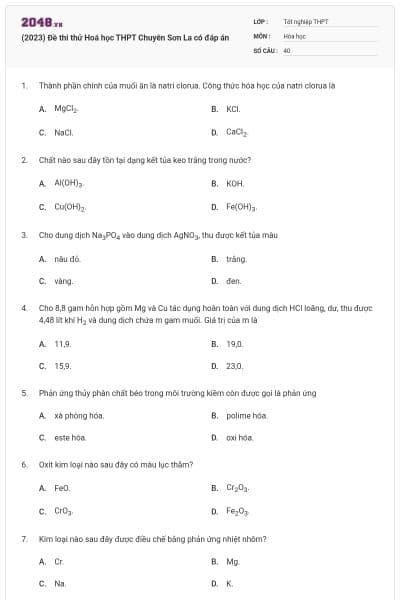 (2023) Đề thi thử Hoá học THPT Chuyên Sơn La có đáp án