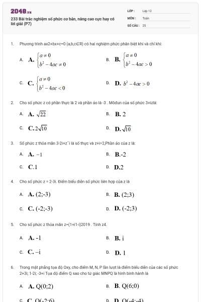 233 Bài trắc nghiệm số phức cơ bản, nâng cao cực hay có lời giải (P7)