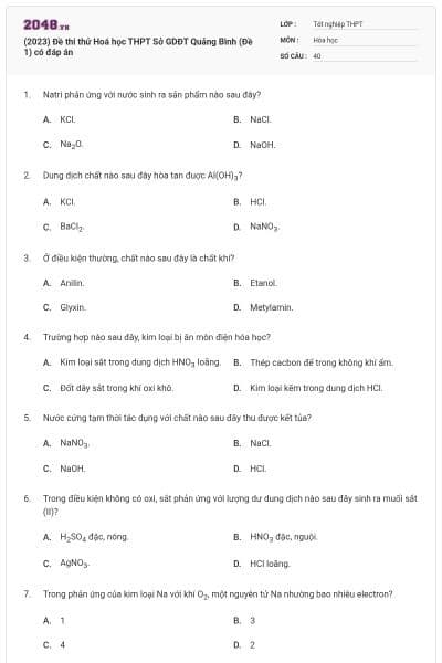 (2023) Đề thi thử Hoá học THPT  Sở GDĐT Quảng Bình (Đề 1) có đáp án