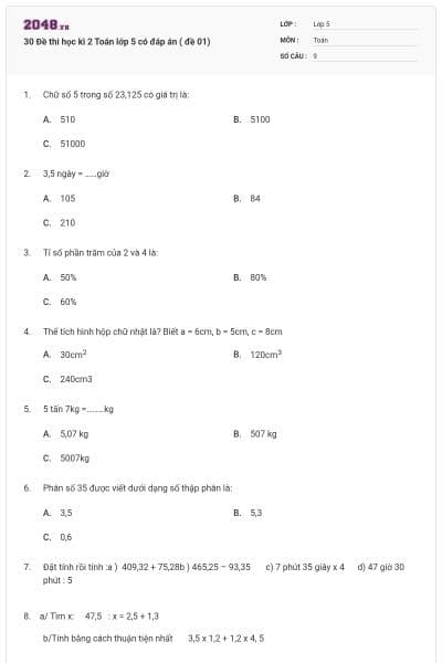 30 Đề thi học kì 2 Toán lớp 5 có đáp án ( đề 01)