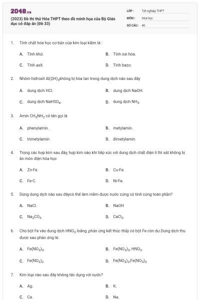 (2023) Đề thi thử Hóa THPT theo đề minh họa của Bộ Giáo dục có đáp án (Đề 33)