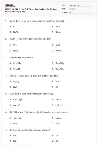 (2023) Đề thi thử Hóa THPT theo đề minh họa của Bộ Giáo dục có đáp án (Đề 34)