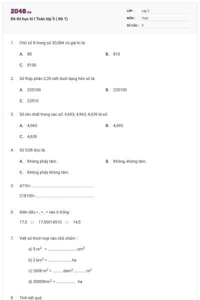 Đề thi học kì I Toán lớp ̀5 ( Đề 1)