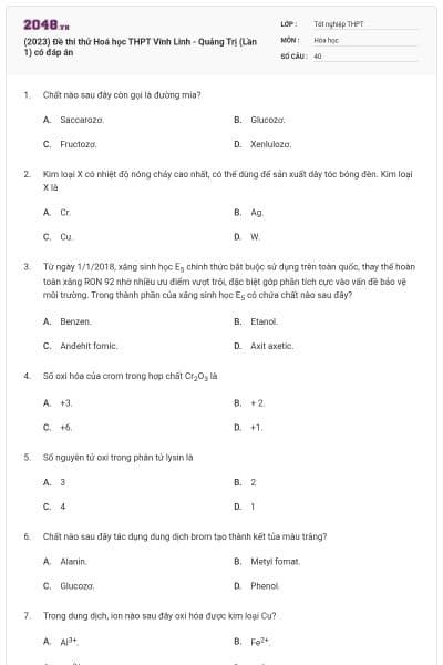 (2023) Đề thi thử Hoá học THPT Vĩnh Linh - Quảng Trị (Lần 1) có đáp án