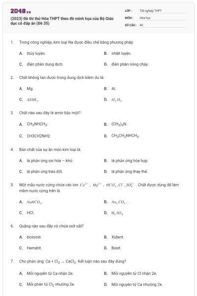 (2023) Đề thi thử Hóa THPT theo đề minh họa của Bộ Giáo dục có đáp án (Đề 35)