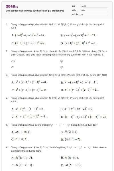 201 Bài trắc nghiệm Oxyz cực hay có lời giải chi tiết (P1)