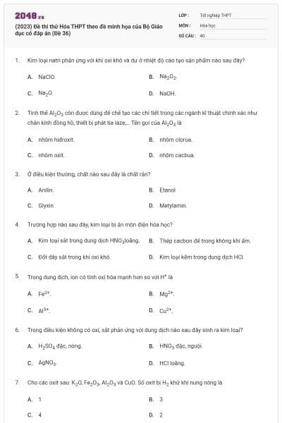 (2023) Đề thi thử Hóa THPT theo đề minh họa của Bộ Giáo dục có đáp án (Đề 36)