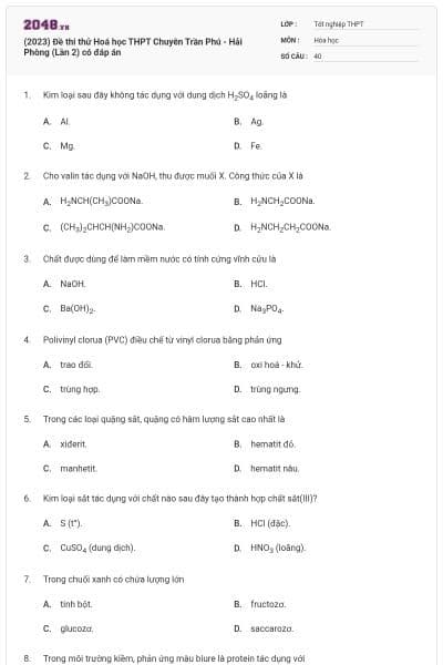 (2023) Đề thi thử Hoá học THPT Chuyên Trần Phú - Hải Phòng (Lần 2) có đáp án