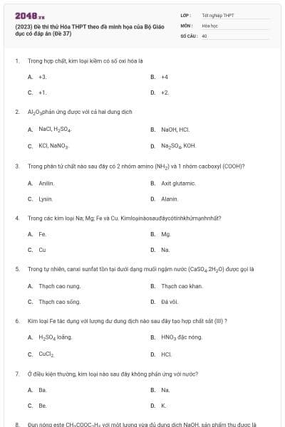 (2023) Đề thi thử Hóa THPT theo đề minh họa của Bộ Giáo dục có đáp án (Đề 37)