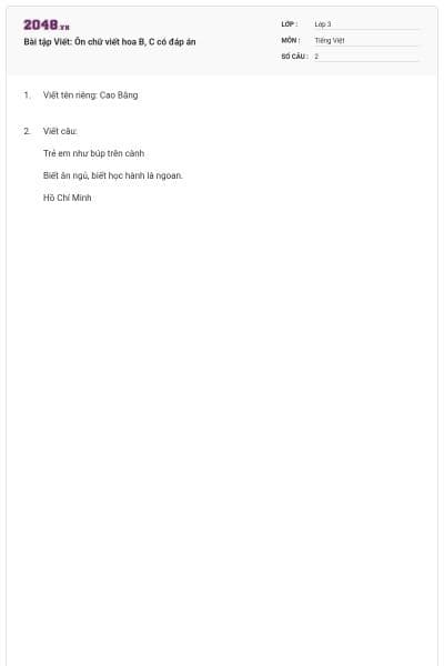 Bài tập Viết: Ôn chữ viết hoa B, C có đáp án