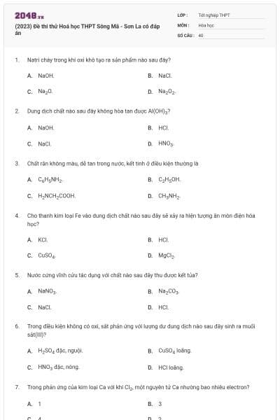 (2023) Đề thi thử Hoá học THPT Sông Mã - Sơn La có đáp án
