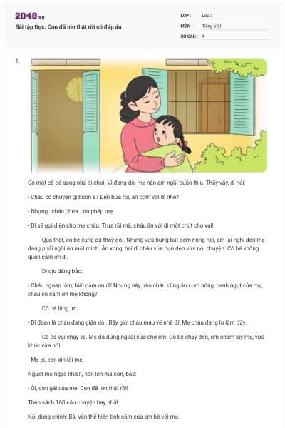 Bài tập Đọc: Con đã lớn thật rồi có đáp án