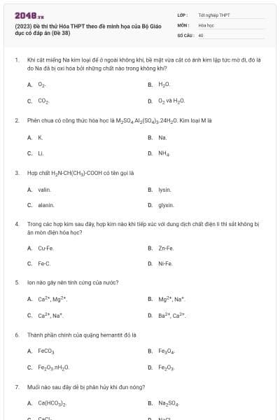 (2023) Đề thi thử Hóa THPT theo đề minh họa của Bộ Giáo dục có đáp án (Đề 38)