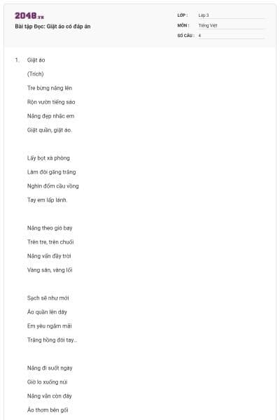 Bài tập Đọc: Giặt áo có đáp án