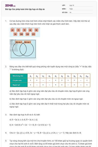 Bài tập Các phép toán trên tập hợp có đáp án