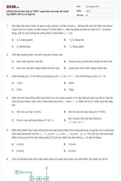 (2023) Đề thi thử Vật Lý THPT soạn theo ma trận đề minh họa BGD ( Đề 6) có đáp án