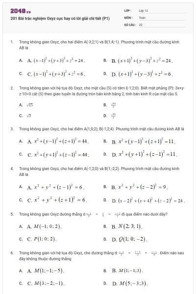 201 Bài trắc nghiệm Oxyz cực hay có lời giải chi tiết (P1)